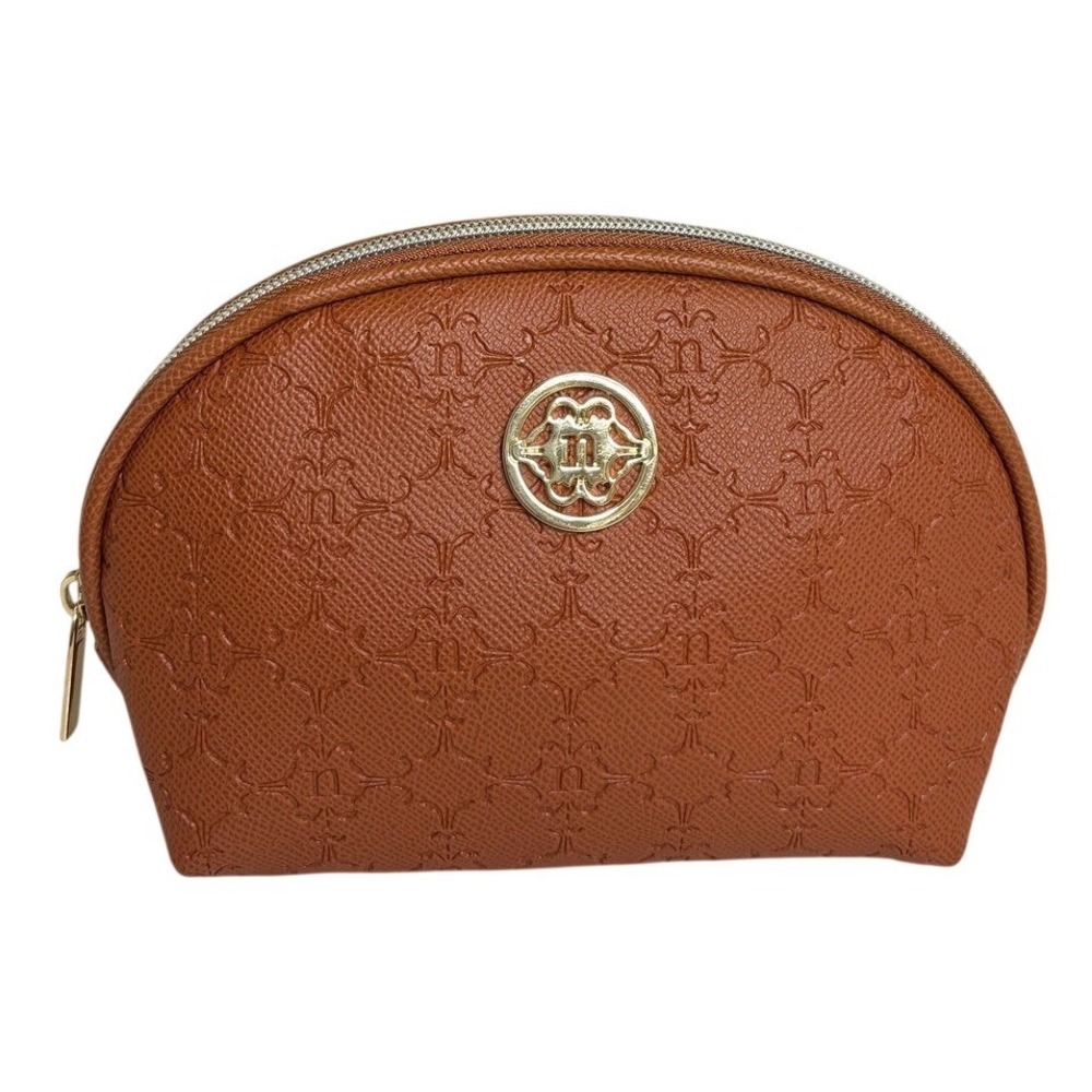 Nanette Lepore Cognac Brown Embossed Monogram Logo Cosmetic Makeup Bag Pouch